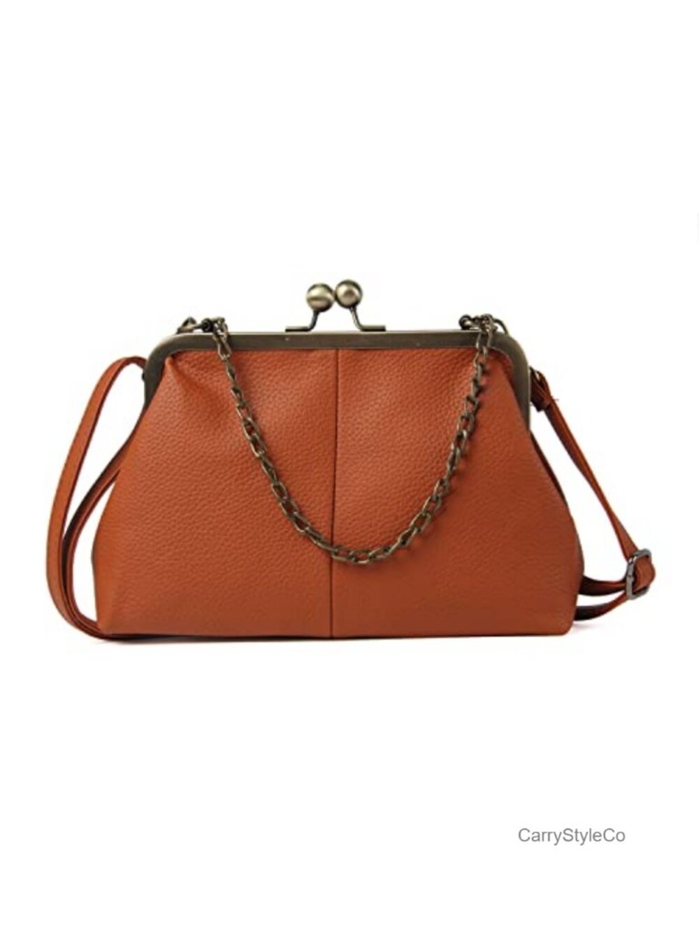 Vegan PU Leather Kiss Lock Clutch with Chain & Shoulder Strap